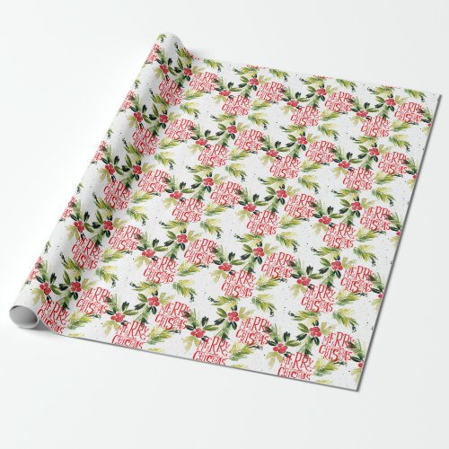 Festive Christmas Watercolor Foliage Holly Berry Wrapping Paper