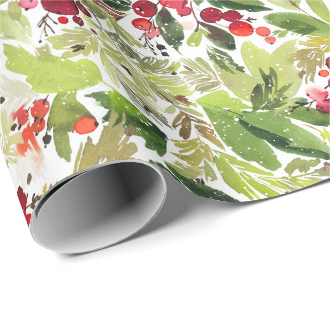 Festive Christmas Watercolor Foliage Holly Berry Wrapping Paper (Roll Corner)