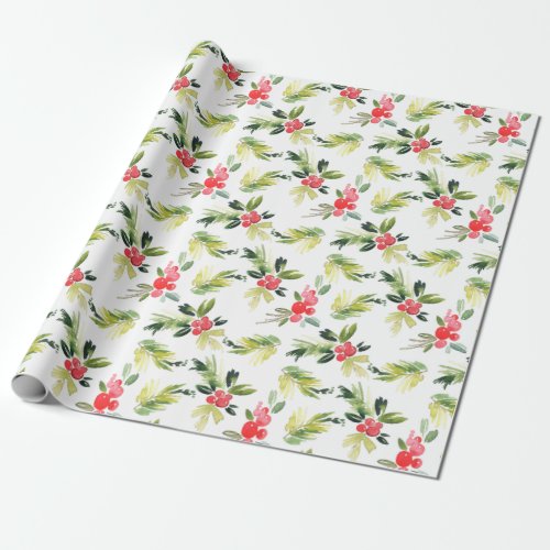 Festive Christmas Watercolor Foliage Holly Berry Wrapping Paper