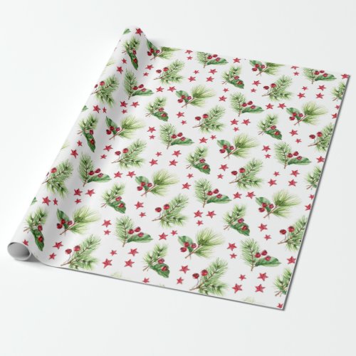 Festive Christmas Watercolor Foliage Holly Berry Wrapping Paper