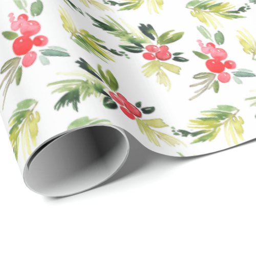 Festive Christmas Watercolor Foliage Holly Berry Wrapping Paper