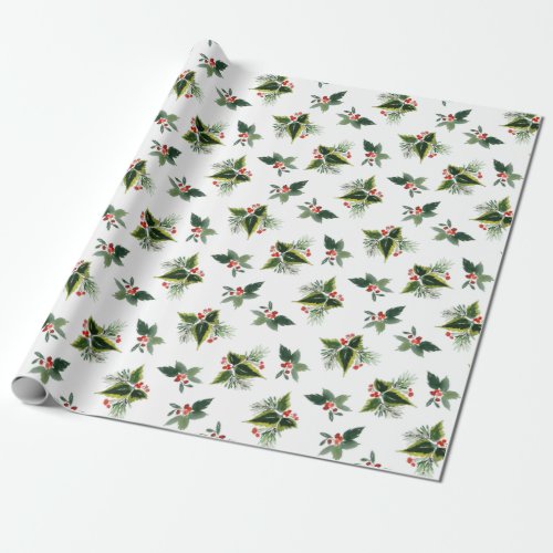 Festive Christmas Watercolor Foliage Holly Berry Wrapping Paper