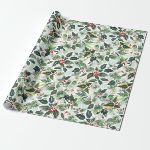 Festive Christmas Watercolor Foliage Holly Berry Wrapping Paper