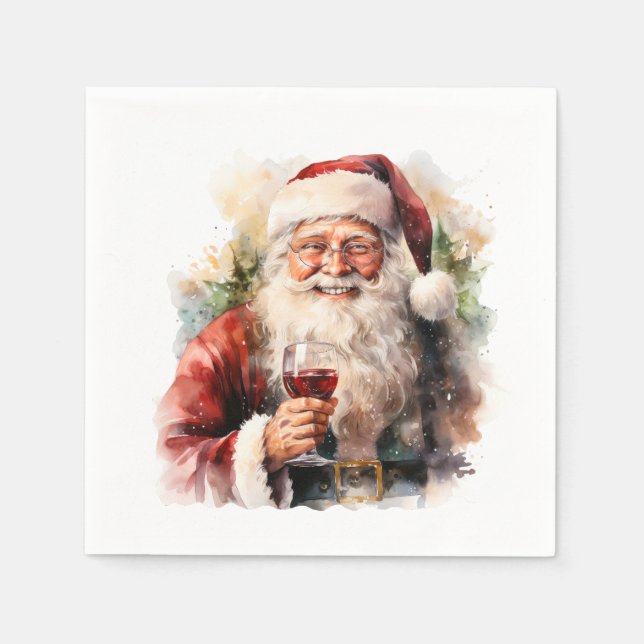 Festive Christmas watercolor Santa drinking Napkin (Front)