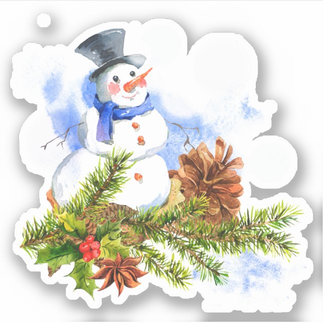Festive Christmas Watercolor Snowman Sticker (Front)