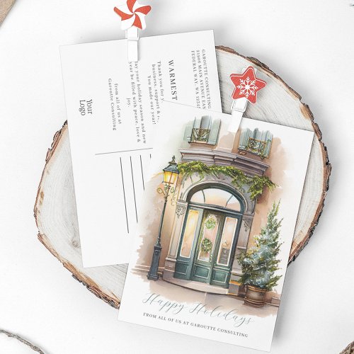 Festive Christmas Watercolor Storefront Business  Holiday Postcard