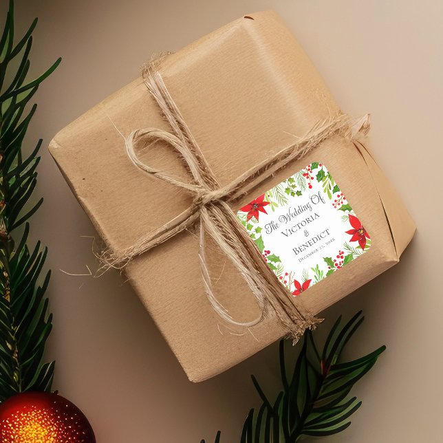 Festive Christmas Wedding Floral Personalized Square Sticker (Creator Uploaded)