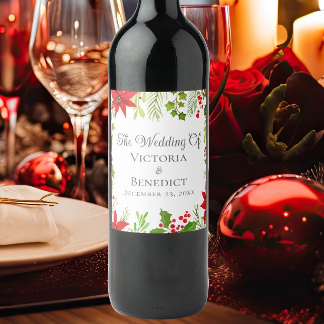 Festive Christmas Wedding Floral Personalized Wine Label (Creator Uploaded)