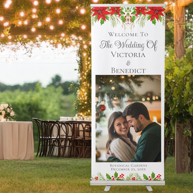 Festive Christmas Wedding Photo Custom Vertical Retractable Banner (Creator Uploaded)