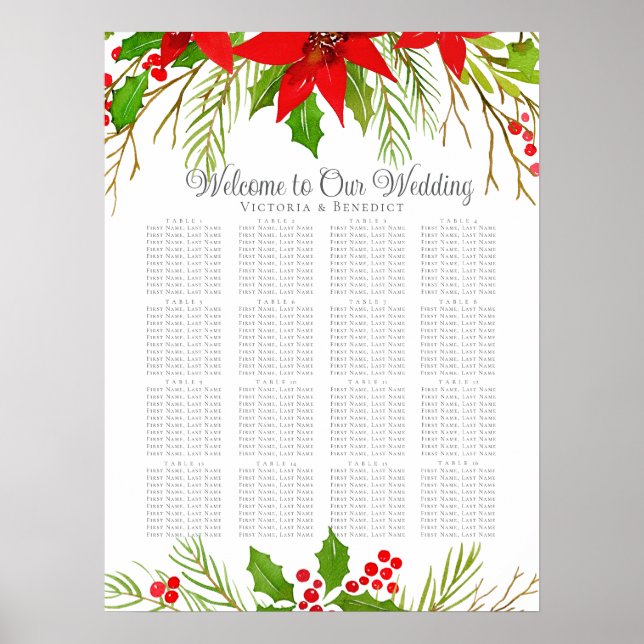 Festive Christmas Wedding Poinsettia Seating Chart (Front)