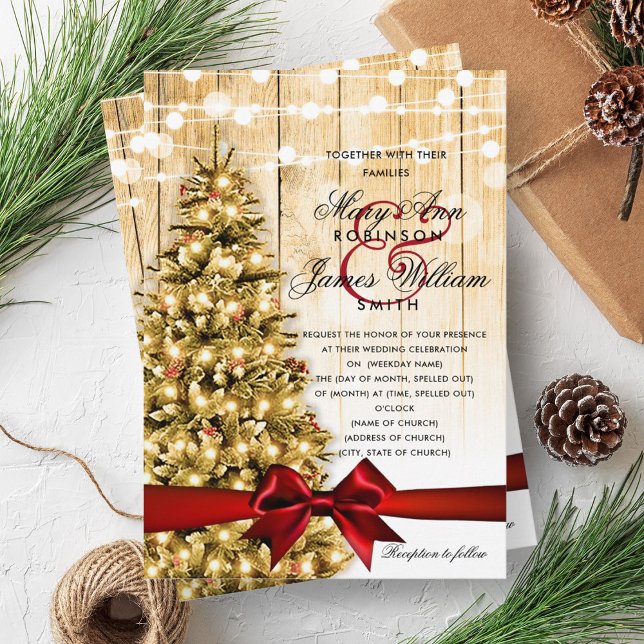 Festive Christmas Wedding Tree Lights & Red Ribbon Invitation (Festive Christmas Wedding Tree Lights & Red Ribbon Invitation)
