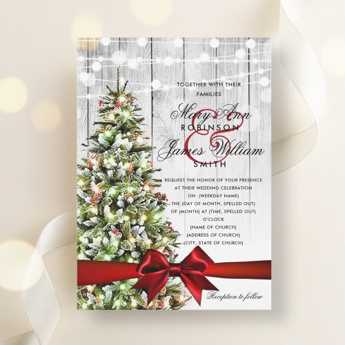 Festive Christmas Wedding Tree Lights  Red Ribbon Invitation