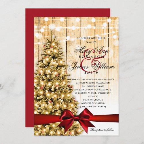 Festive Christmas Wedding Tree Lights  Red Ribbon Invitation