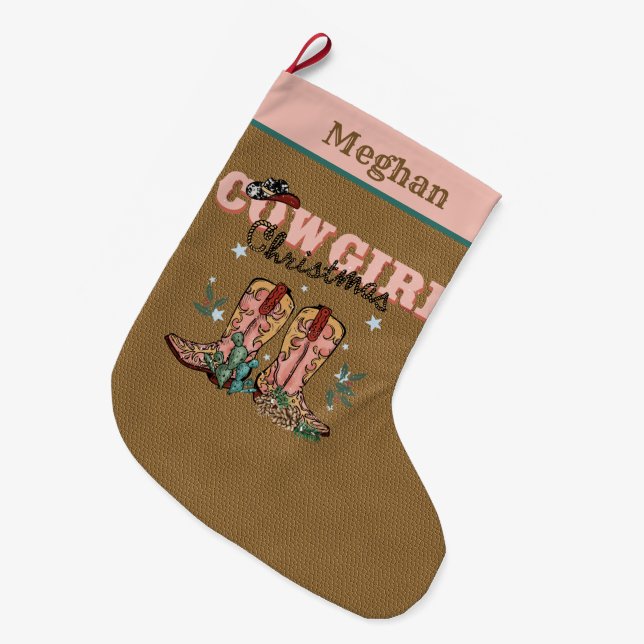 festive Christmas Western Cowgirl add name Large Christmas Stocking (Front (Hanging))