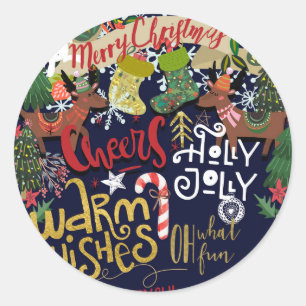 Festive Christmas Whimsical Holiday Card Favor Classic Round Sticker