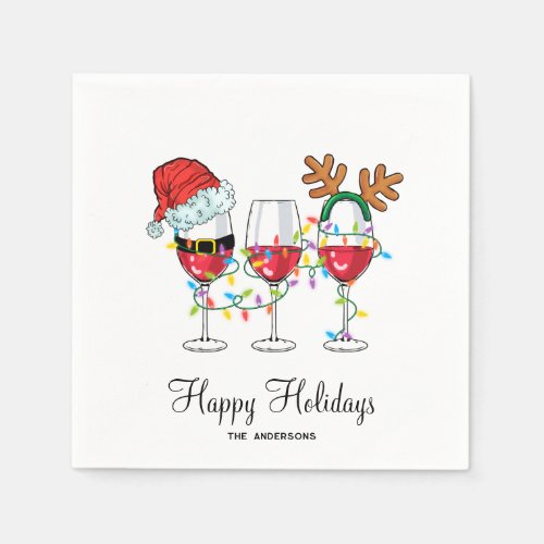 Festive Christmas Wine Glasses Happy Holidays Napkins
