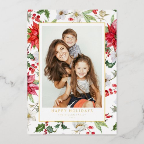 Festive Christmas Winter Floral Pattern Photo Foil Holiday Card