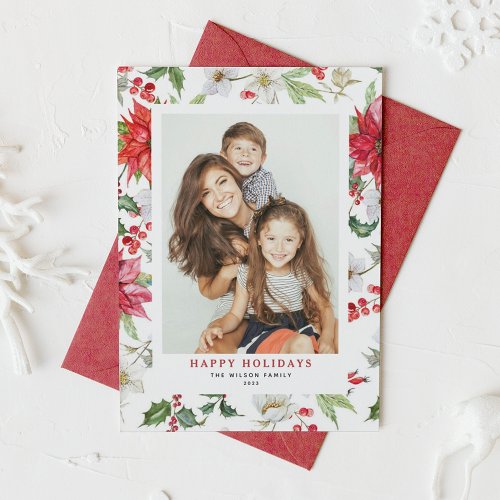 Festive Christmas Winter Floral Pattern Photo Holiday Card
