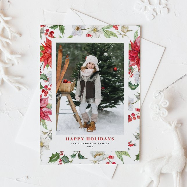 Festive Christmas Winter Flowers Pattern Photo Holiday Postcard (Festive Winter Flowers Pattern Black Photo Happy Holidays Postcard)