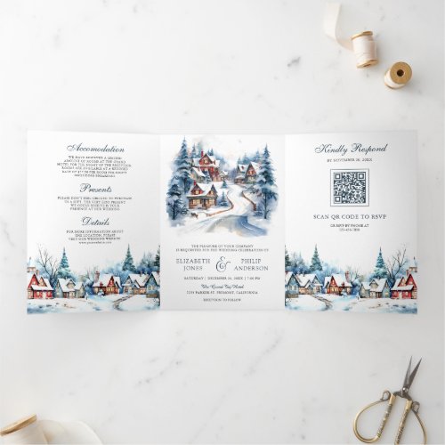 Festive Christmas Winter Village QR Code Wedding Tri_Fold Invitation