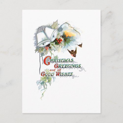 Festive Christmas Wishes Bells Robins and Holly Postcard