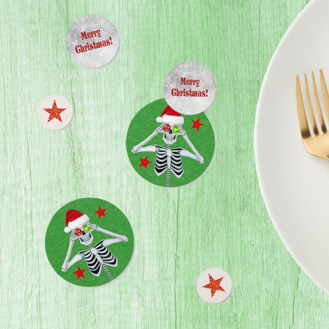 Festive Christmas With Fun Skeleton Red Gold Stars Confetti (Fun skeletons ornament eyes red and gold stars on Merry Christmas table confetti.)
