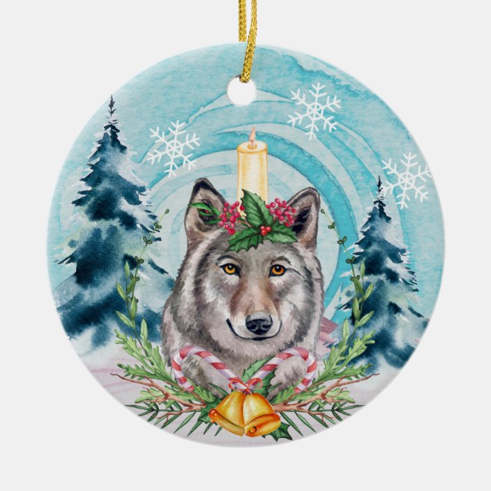 Festive Christmas Wolf Holiday Tree Ceramic Ornament