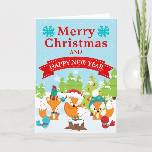 Festive Christmas Woodland Fox Friends Holiday Card