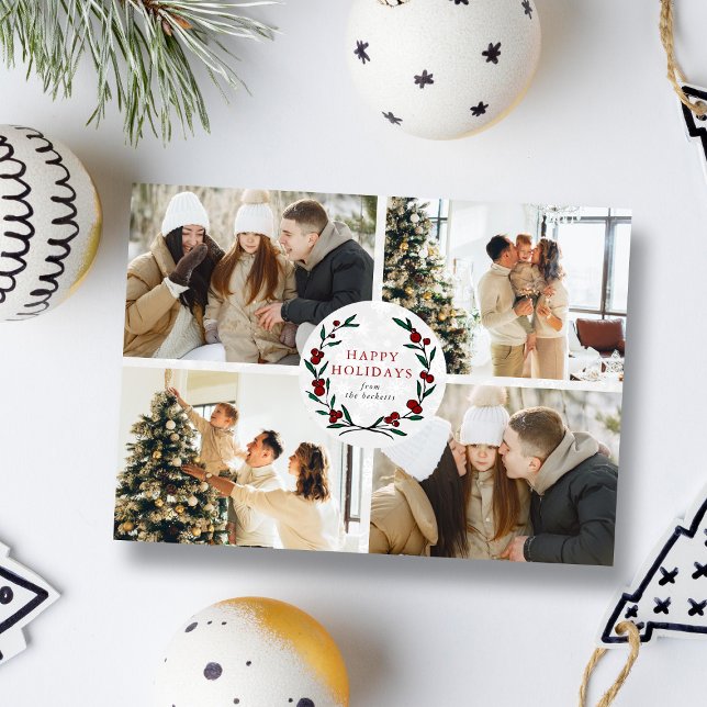 Festive Christmas Wreath 4 Photo Happy Holiday Card (Creator Uploaded)