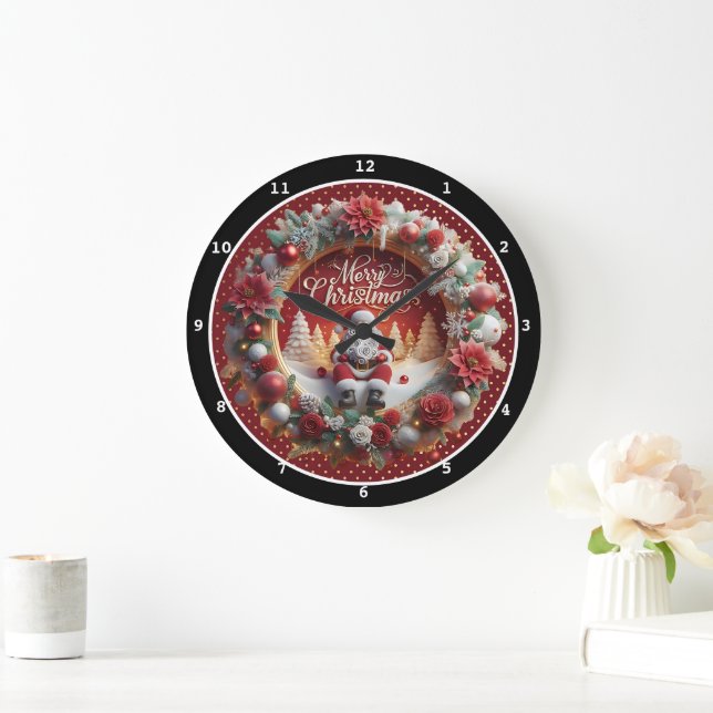 Festive Christmas Wreath and Holiday Decorations Large Clock (Home)