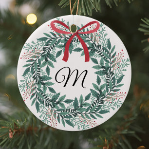 Festive Christmas Wreath Custom Initial and Photo Ceramic Ornament