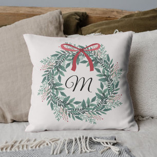 Festive Christmas Wreath Custom Initial Throw Pillow