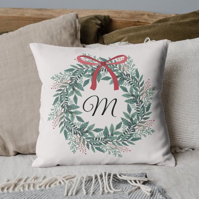 Festive Christmas Wreath Custom Initial Throw Pillow (Creator Uploaded)