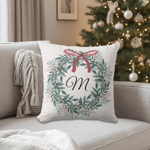 Festive Christmas Wreath Custom Initial Throw Pillow