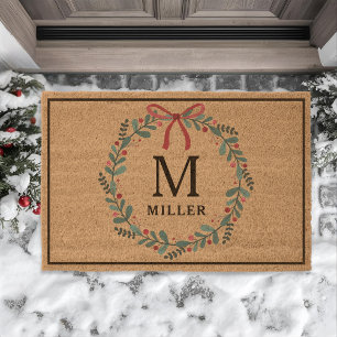 Festive Christmas Wreath Family Name Fiber Doormat