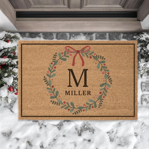 Festive Christmas Wreath Family Name Fiber Doormat