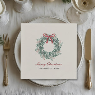 Festive Christmas Wreath Family Name Holiday Party Napkins