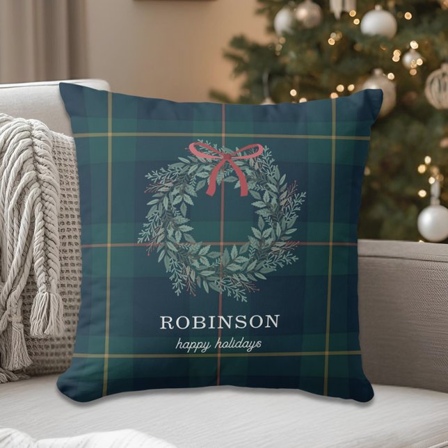 Festive Christmas Wreath Family Name Holiday Throw Pillow (Creator Uploaded)