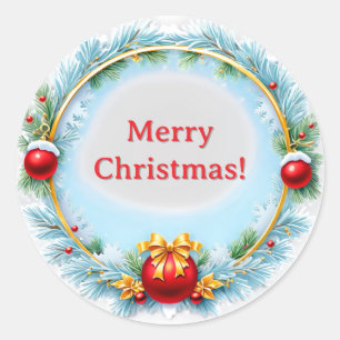 Festive Christmas Wreath Frame With Blue Pine Classic Round Sticker