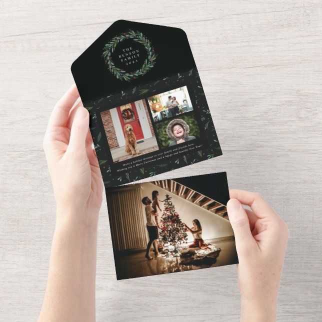 Festive Christmas Wreath Green 4 Photo Holiday All In One Invitation (Tearaway)