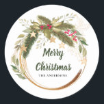 Festive Christmas Wreath Greenery Family Name Classic Round Sticker<br><div class="desc">Festive Christmas Wreath Greenery Holiday Foliage Family Name Classic Round Sticker to use as envelope seals or for gift wrapping.</div>