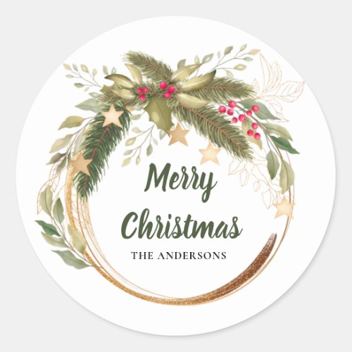 Festive Christmas Wreath Greenery Family Name Classic Round Sticker