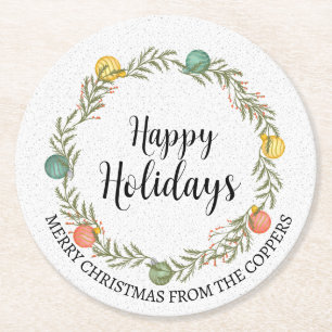 Festive Christmas Wreath Happy Holidays Round Paper Coaster