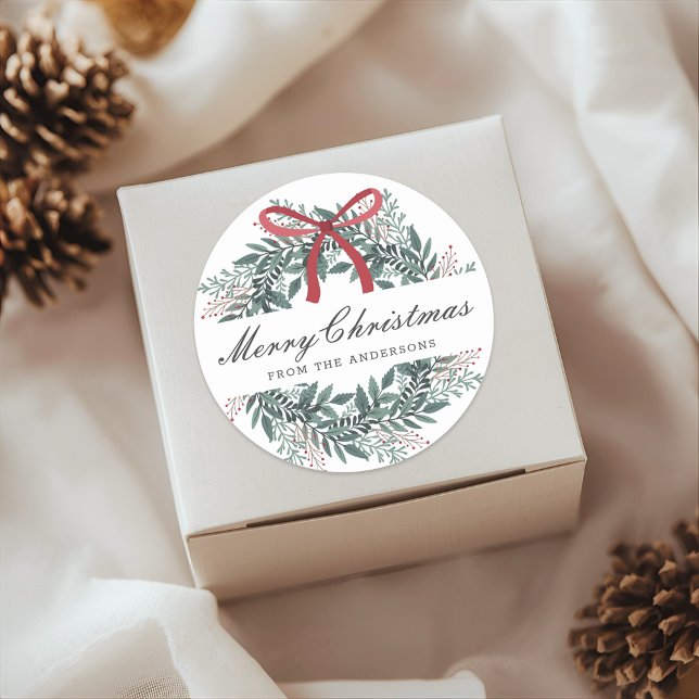 Festive Christmas Wreath Holiday Gift Classic Round Sticker (Creator Uploaded)