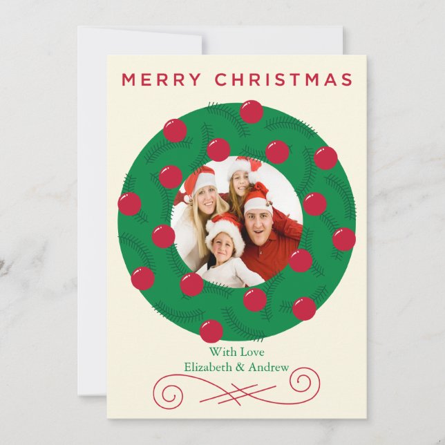 Festive Christmas Wreath Holiday Photo Card (Front)