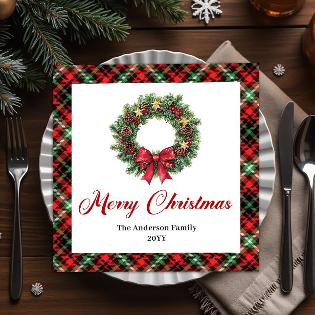 Festive Christmas Wreath in Red Green Plaid Paper Dinner Napkins (Festive Christmas Wreath in Red Green Plaid Paper Dinner Napkins)