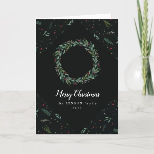 Festive Christmas Wreath Leaves Berries Folded Holiday Card