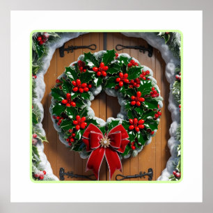Festive Christmas Wreath on Wooden Door Poster