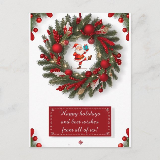 ✨ Festive Christmas Wreath Santa  Greenery Red Postcard (Front)