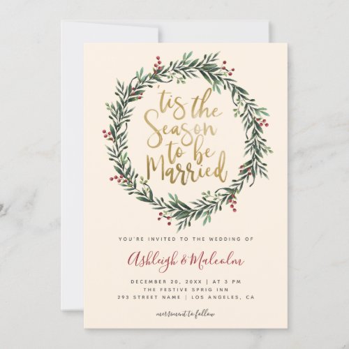 Festive Christmas Wreath Tis The Season Wedding Holiday Card